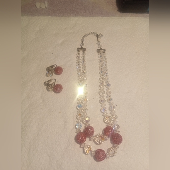 Vintage Aurora Borealis Pink and Silver Necklace Set - Picture 1 of 10